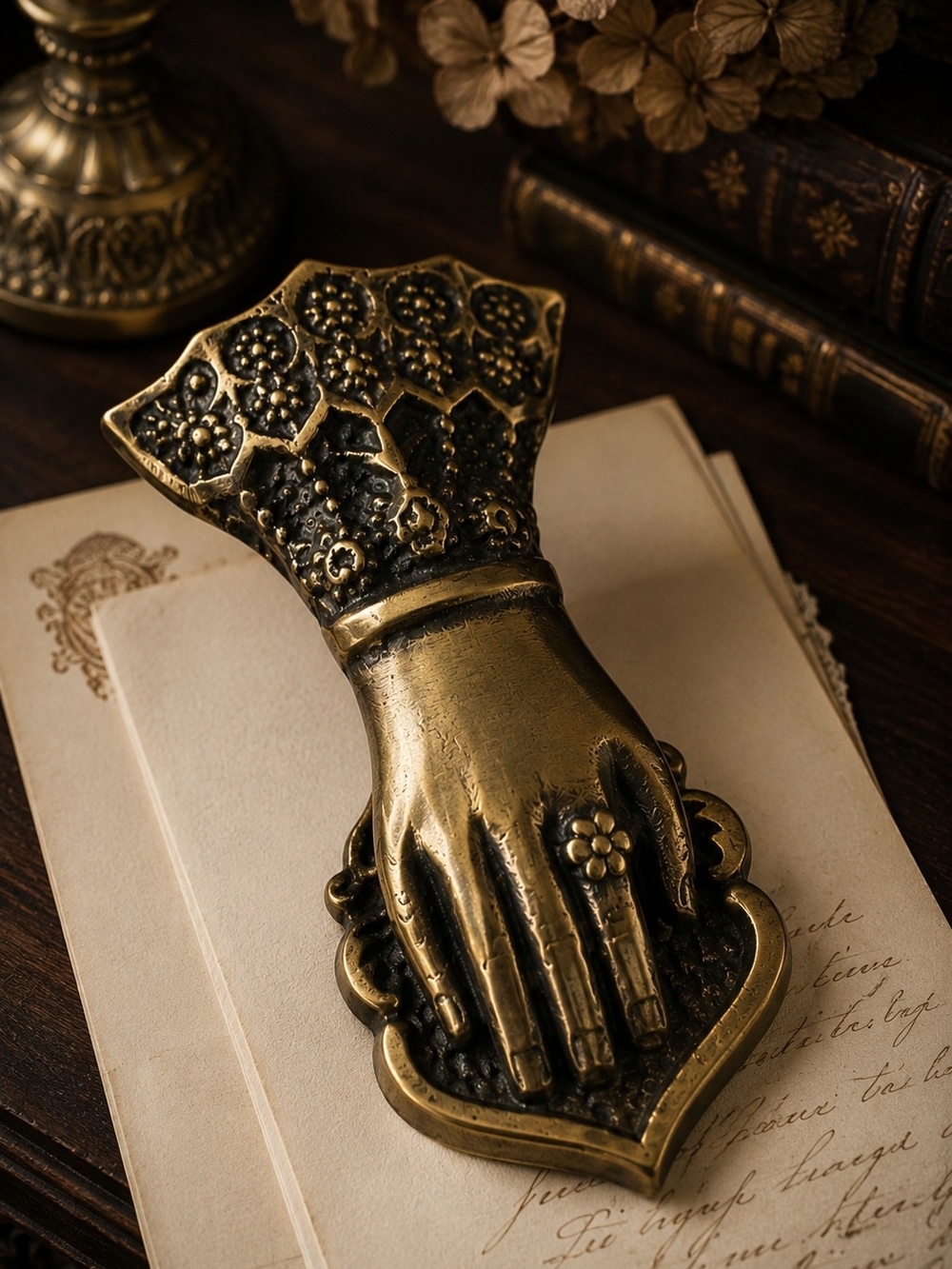 Brass Tone Victorian Hand Paper Clip 5" Ornate Desk Letter Holder Vintage Style